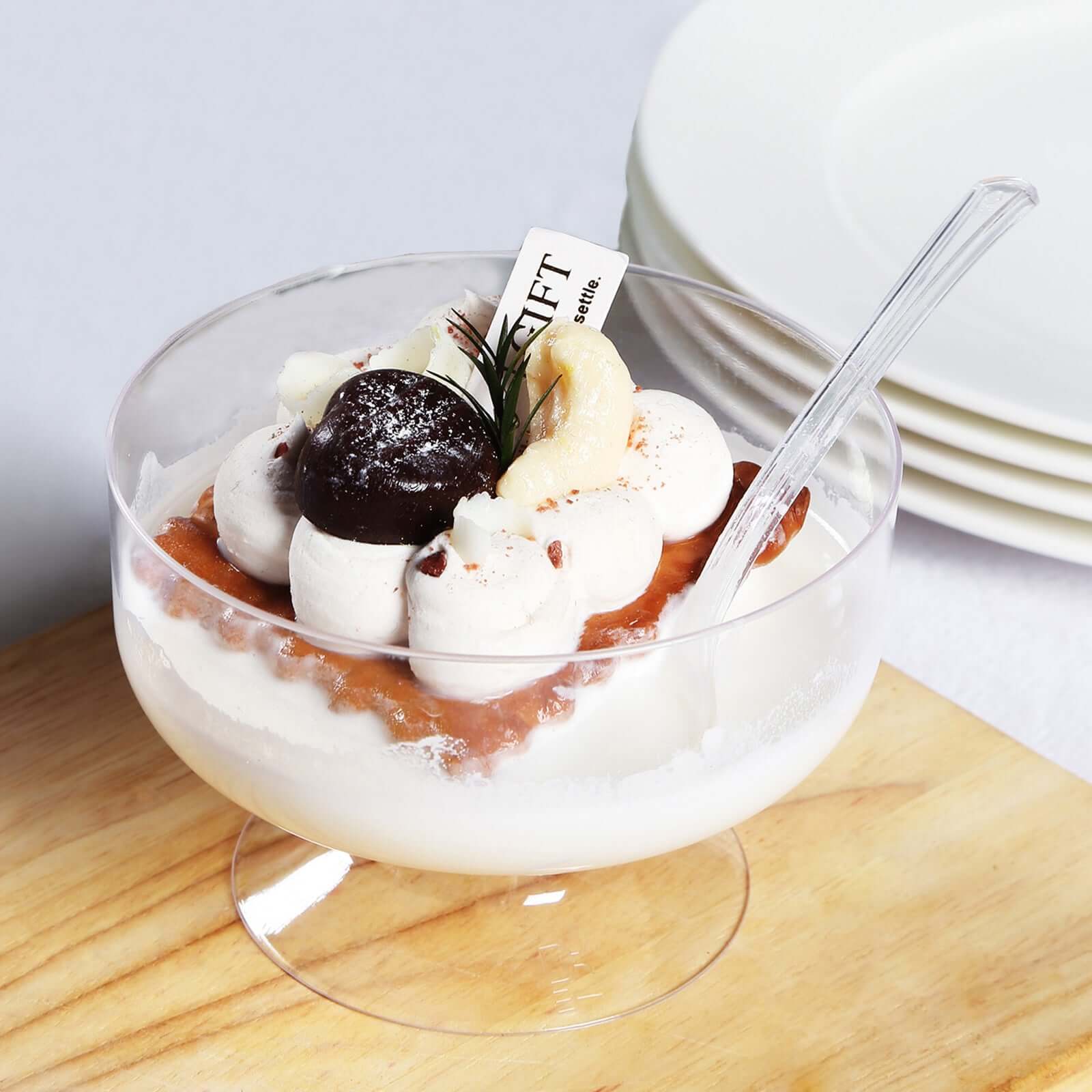 24-Pack Crystal Clear Footed Plastic Dessert Cups 6oz, Tasting Spoon Set Included - Disposable Appetizer Parfait Cups